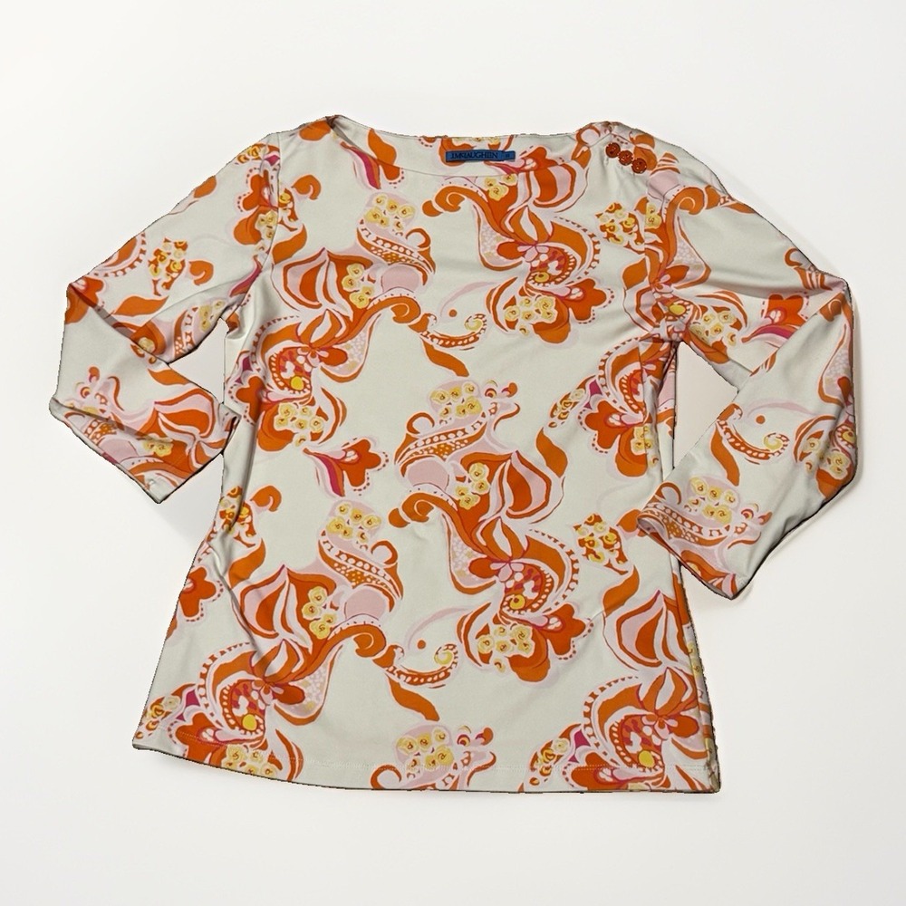 J McLaughlin Catalina Cloth Top XS Wavesong Print Boat Neck Coral 3/4 Sleeve